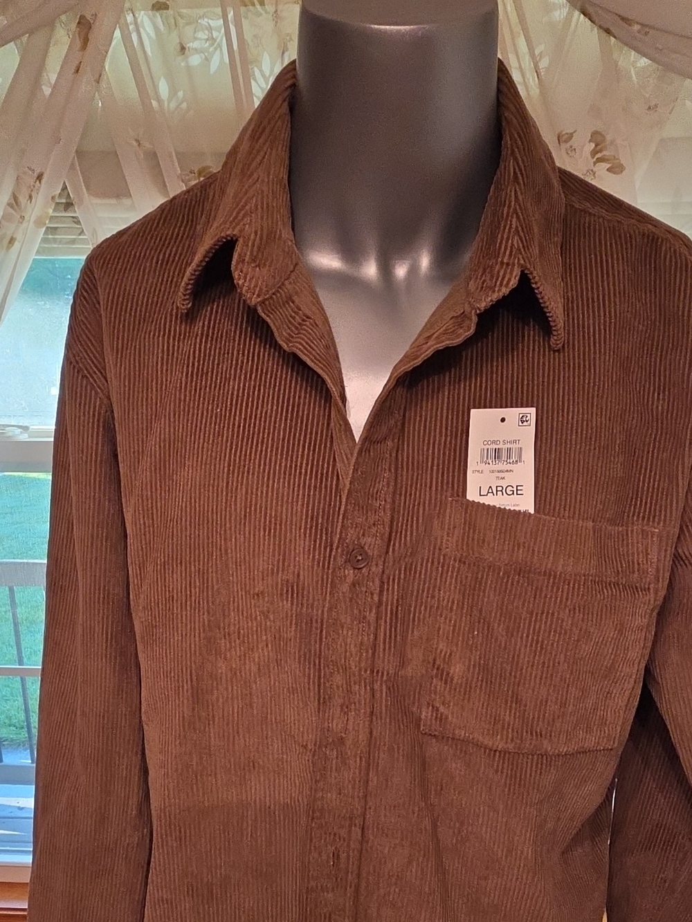 Sun + Stone Men's L Brown Solid Corduroy Cotton LS Button-Up Pocket Shirt
